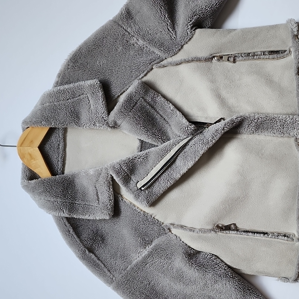 Peridot Paris Moto Style Faux Suede Grey Shearling Jacket - Picture 3 of 15